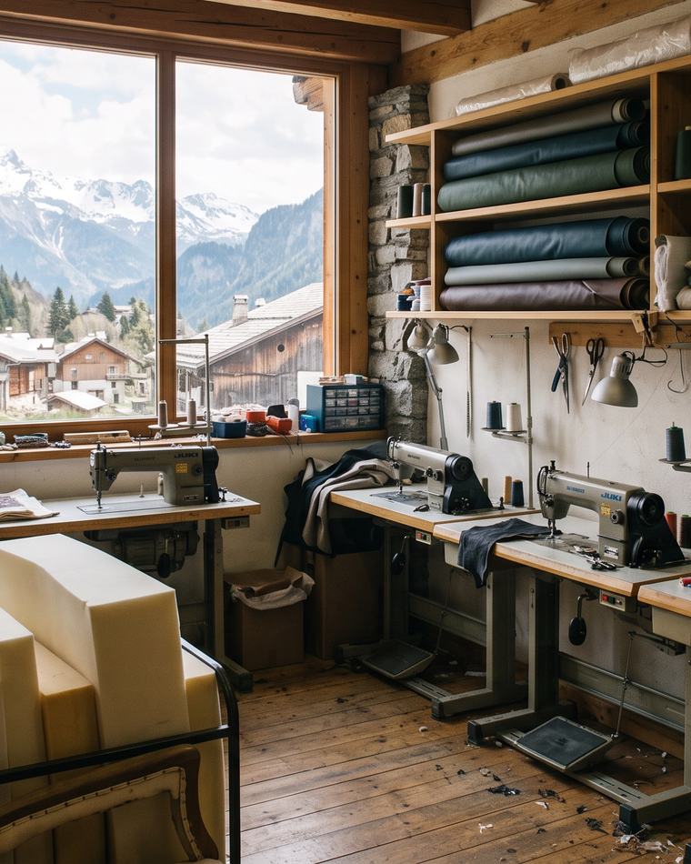 Atelier de couture avec machines industrielles, rouleaux de tissus et vue sur les montagnes