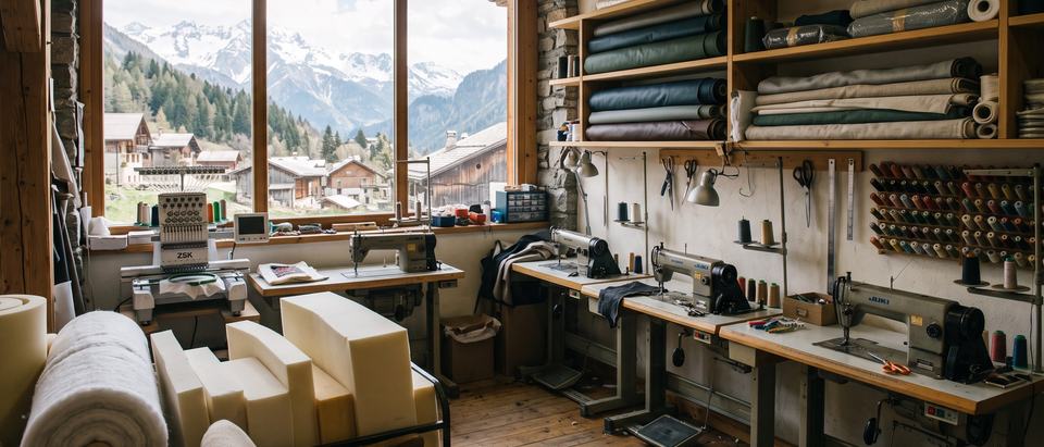 Atelier de couture avec machines industrielles, rouleaux de tissus et vue sur les montagnes