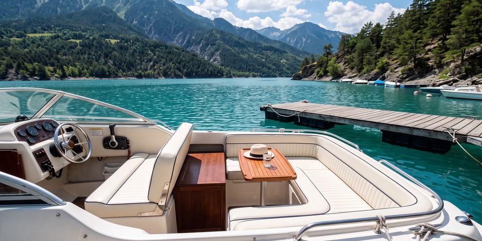 Banquettes de bateau en simili-cuir blanc sur un lac de montagne turquoise