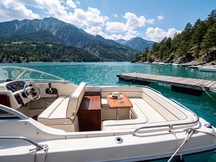 Cockpit d’un bateau à moteur avec banquettes en simili-cuir blanc, sur un lac de montagne turquoise