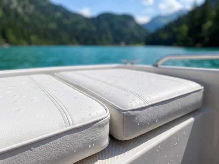 Coussins de bateau en simili-cuir blanc avec surpiqûres et passepoil, gouttes d’eau et lac en arrière-plan