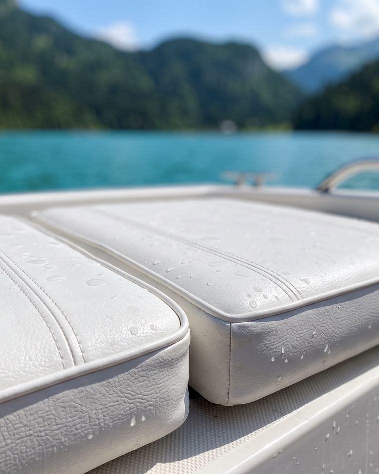 Coussins de bateau en simili-cuir blanc avec surpiqûres et passepoil, gouttes d’eau et lac en arrière-plan