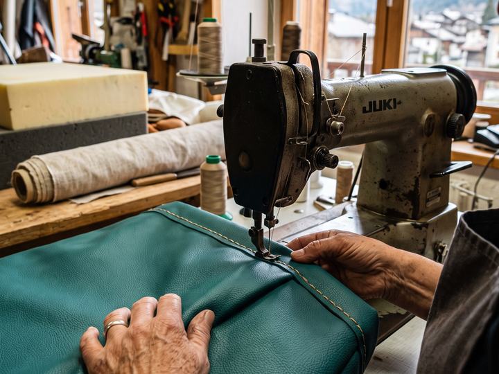 Couture d’une housse de banquette en simili-cuir sur une machine industrielle
