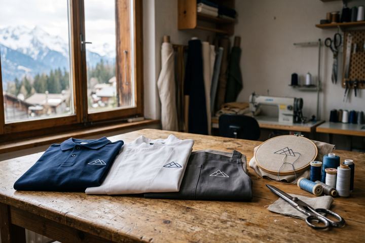 Polo, veste de cuisine et tablier pliés, avec un logo brodé sur la poitrine, sur une table d’atelier