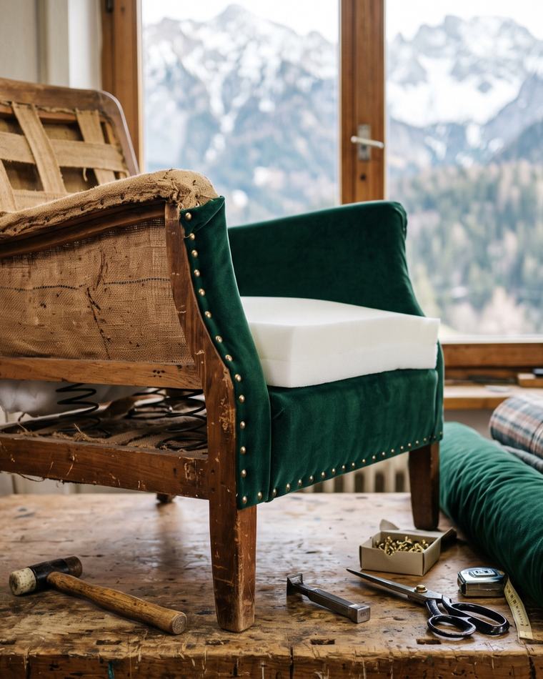Fauteuil ancien en cours de réfection : mousse neuve et velours vert, outils sur un établi