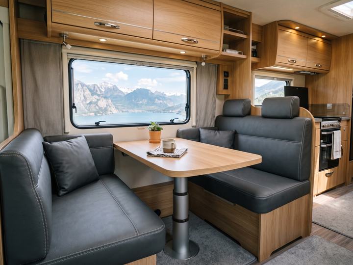 Dînette de camping-car avec banquettes en simili-cuir gris anthracite et vue sur un lac de montagne