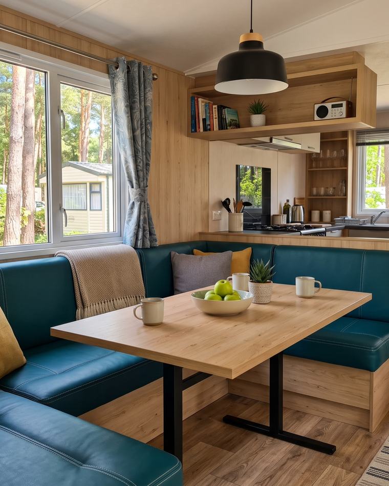 Intérieur de mobil-home rénové : banquette en simili-cuir vert-bleu, table en bois clair et rideaux imprimés