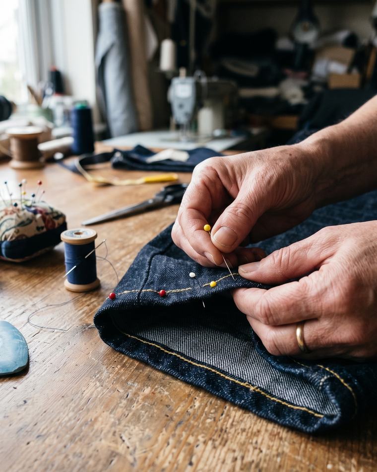 Mains de couturière épinglant l’ourlet d’un jean sur une table de coupe