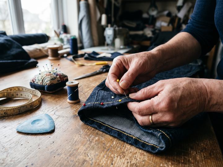 Mains de couturière épinglant l'ourlet d'un jean sur une table de coupe