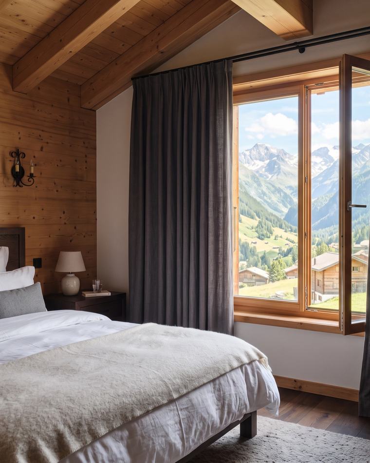 Chambre d’hôtel de montagne avec rideaux occultants gris à moitié ouverts sur une vallée alpine