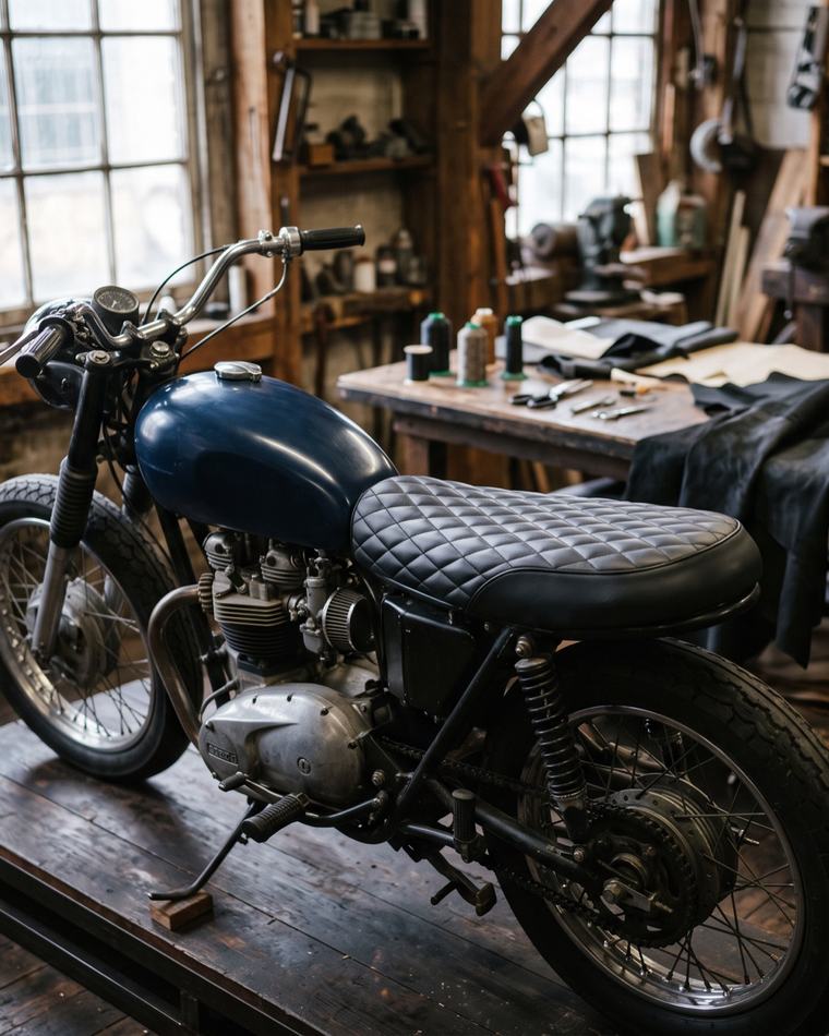 Moto roadster dans un atelier, avec sa selle recouverte de simili-cuir noir surpiqué en losanges